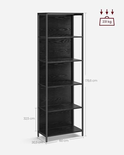 VASAGLE Regał LED z 6 poziomami, regulowany regał na światło, szafka do przechowywania ze stalową ramą, 30,3 x 60 x 178,6 cm, do salonu, sypialni, biura, czarny drewno LLS120B57