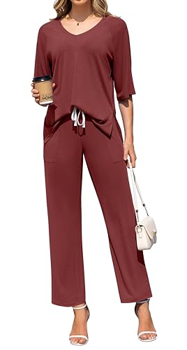 Image of difficort 2 Piece Lounge Sets for Women Summer Outfits Vacation Loungewear | Knit Raglan Short Sleeve Wide Leg pant with Pockets