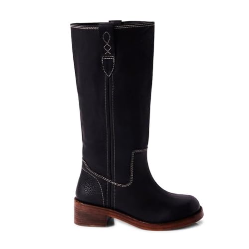 Agodor Vintage Knee High Boots for Women, Square Toe Banane Long Riding Boots Chunky Block Heel Comfortable Wide Calf Pull On Campus Boot