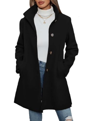 Mywinway Wool Coats for Women 2025 Fall Winter Long Peacoat Trench Coat Warm Work Casual Trendy Blazer Jacket Overcoat,Black,M