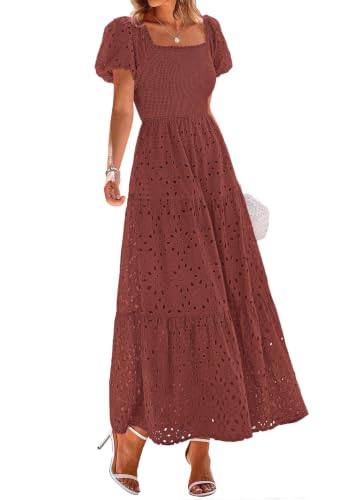Image of PRETTYGARDEN Summer Dresses for Women 2026 Eyelet Square Neck Puff Sleeve Smocked Wedding Guest Maxi Dress with Pockets