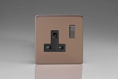 Varilight Flat Plate Screwless Brushed Bronze 2 Gang 13 Amp Switched Plug Socket