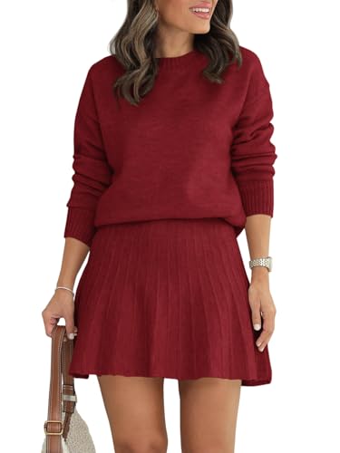 Tankaneo Womens 2 Piece Skirt Sets Pullover Sweaters Pleated Mini Skirt Fall Winter Knit Trendy Sweater Sets