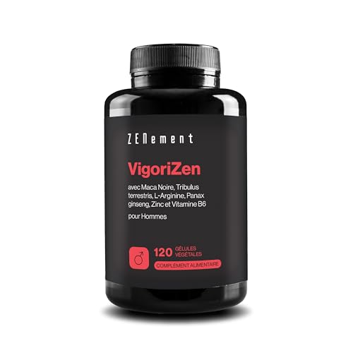 VigoriZen avec Maca Noire, Tribulus terrestris, L-Arginine, Ginseng, Zinc et Vitamine B6 – Testostérone et Métabolisme Énergétique Masculin – 120 Gélules Véganes – Zenement