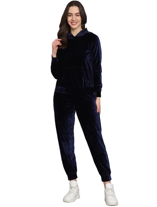 Vaararo Velvet Tracksuit Set for Women with Hoodie and Handy Pockets-image-0