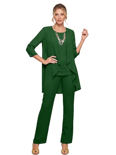 KISSMELIFE Boat Neck Mother of The Groom Pant Suits for Women Casual Emerald Green Chiffon Long Sleeve Wedding Guest Jumpsuit Size 12 KM003
