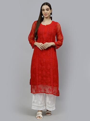 Image of Seva Chikan Hand Embroidered Lucknowi Chikankari Georgette Kurta with Inner Slip for Women SCL4431