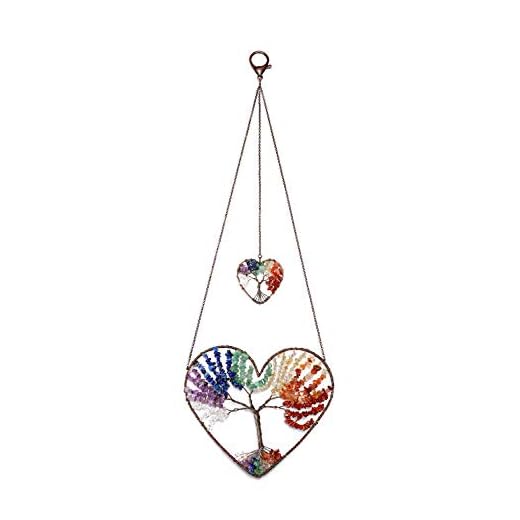 JOVIVI Double Heart Tree of Life Hanging Ornament 7 Chakra Reiki Healing Crystals Stones Gemstone Meditation Window Wall Hanger for Feng Shui Yoga Home Indoor Decor