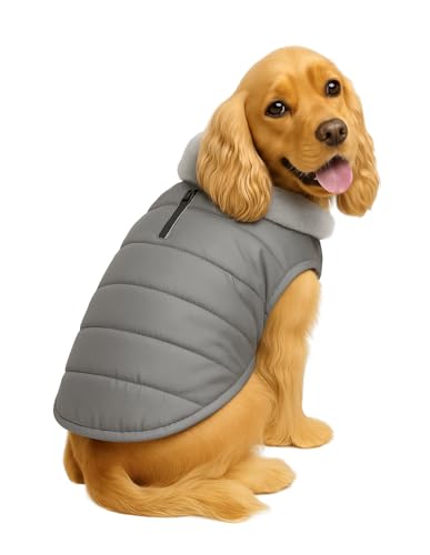Image of The Pets Company Dog Winter Coat Jacket, Clothes, Windproof, Waterproof, Light Weight, Washable, Ultra Warm Thick Fleece Lined Dog Vest for Cold Weather Protection, (Grey, Medium - 18 Inch)