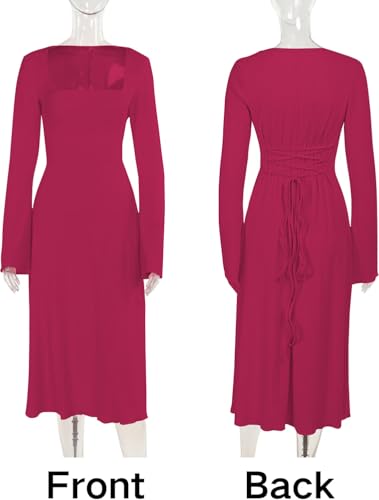 Image of Shasmi Women's Square Neck A-Line Dress - Long Sleeve, Tie Waist, Knitted Stretchable, Casual & Office Outfit, Solid Winter Midi Dress for Women (Dress 221)