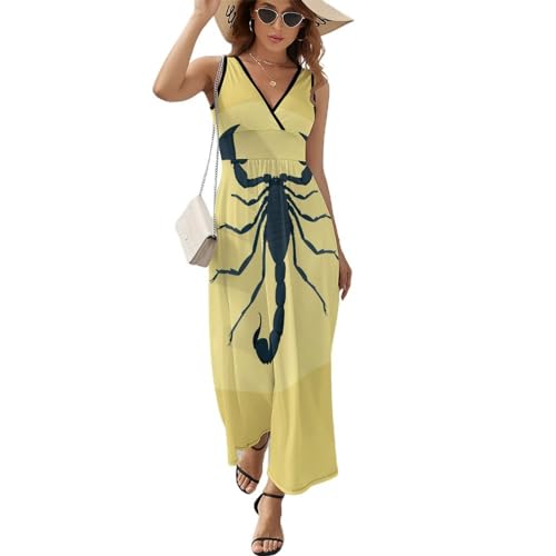 Robe longue d'été à col V Scorpion Noir coupe maxi fluide sans manches décontractée