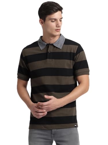 Image of Dennis Lingo Men's Cotton Grey Stripes Regular Fit Button-Down Half Sleeve Polo Tshirt