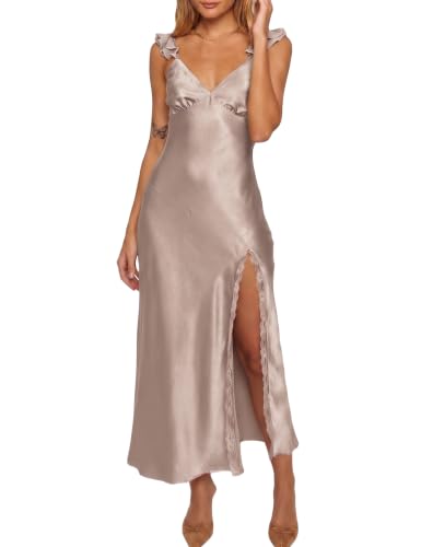 Image of KOUNAI Women's Satin Summer Lace Slit Formal Midi Dress for Wedding Guest | Silk,Elegant,Ruffle Sleeve,Cocktail,Bridesmaid, Beach, Vacation,Party,Adjustable Straps,Graduation,Baby Showe,Engagement