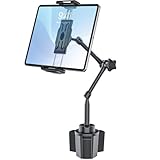 INSSKY Car Tablet Holder for Cup Holder, Metal Long Arm 360° Rotation Tablet Mount for Truck Golf Treadmill, Fit Thickness Case (Deep Max 1.18'') for iPad Pro/Air/Mini, Galaxy Tab & 6.1-15.6' Devices