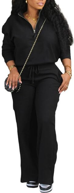 HipGlamp Womens 2 Piece Tracksuit Set Half Zip Mock Neck Top Wide Leg Pants Plus Size Athleisure Wear2