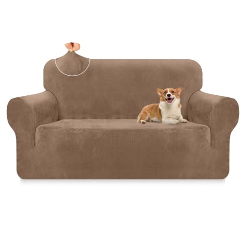 Housse de canapé 2 places en velours épais extensible couleur camel - 2
