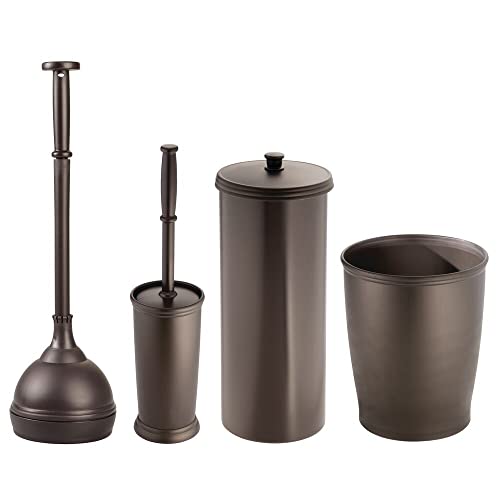 mDesign Modern Plastic Bathroom Storage and Cleaning Accessory Set - Includes Toilet Plunger, Bowl Brush, 3-Roll Toilet Paper Canister with Lid, Wastebasket Trash Can/Garbage Bin - 4 Pieces - Bronze