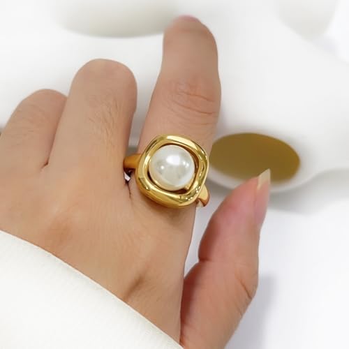 Kokoma Fashion Pearl Statement Ring for Women Gold-Tone Stainless Steel Minimalist Stacking Promise Ring Engagement Wedding Band Birthday Comfort Fit2