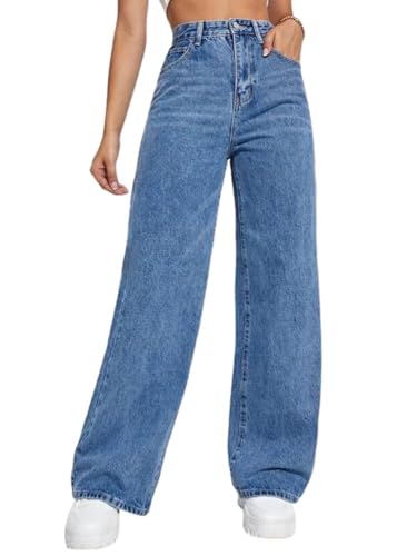 Jean baggy femme taille haute en denim stretch à jambe large et coupe droite
