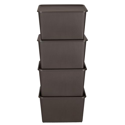 Image of Kolorr Ribbed Baskets Large Pack of 4 With 4 Standard Lid (Non-Airtight Loose-Fit Cover) Multipurpose Plastic Storage Baskets For Cloths Toys Wardrobe Home Kitchen & Livingroom I Dark Brown