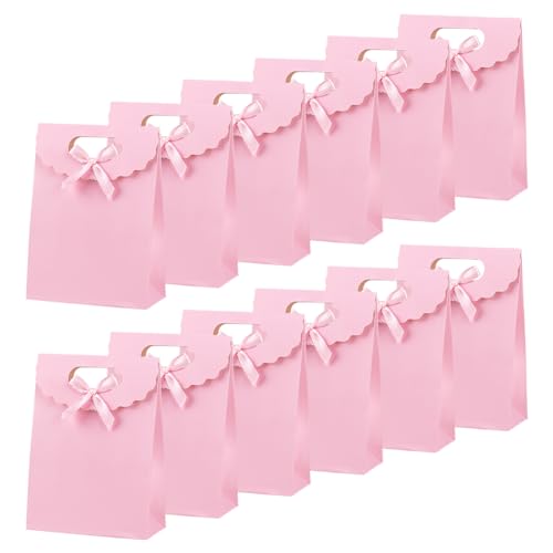 NBEADS 24 bolsa de Papel Kraft Rosa con Asa, Bolsa de Regalo de Pie de 16.5x12x6cm con Lazo Anudado, Pequeña Bolsa de Regalo para Dulces, Galletas, Embalaje, Boda, Fiesta de Navidad, Rosa