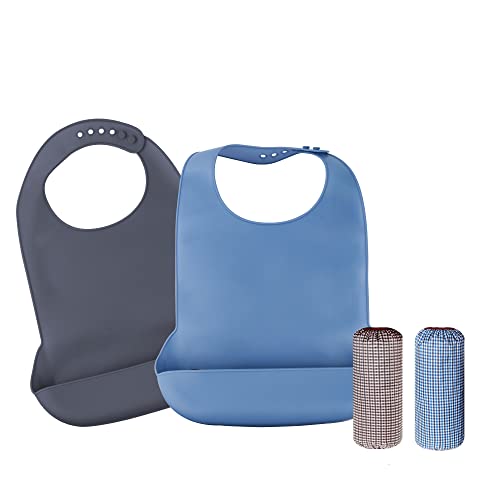 Paquete de 2 baberos de silicona para adultos, baberos de silicona impermeables con sobremangos, bolsillo para recoger migas de alimentos, protector de ropa reutilizable para comer, babero (M)