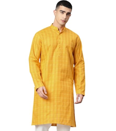 Image of Majestic Man Men's Pure Cotton Textured Check Mandarin Collar Long Kurta