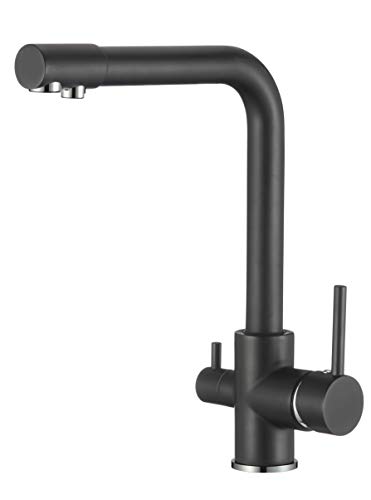 VALAZ Grifo Osmosis 3 Vías Negro Mate | Grifos Cocina Fregadero | Alta Presión, Monomando, Giratorio 360º, Ahorro de Agua | Instalación Fácil y Rápida | Acero Inoxidable, Serie Nilo
