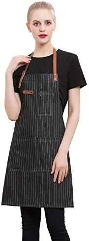 Denim Aprons for Women or Men, Hairdresser Apron, Denim Hairstylist Apron, and Kitchen Apron with Pocket (Black Stripe)