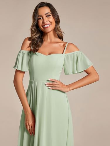Image of Ever-Pretty Women's Summer Cold Shoulder Hi-Lo Asymmetrical Hem Flowy Chiffon Short Wedding Guest Dress 02103