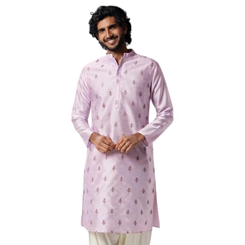 Image of KISAH Men's Navy Blue Printed Cotton Kurta - Regular Fit Long Tunic with Mandarin Collar | Ethnic Wear for Weddings & Festive Occasions