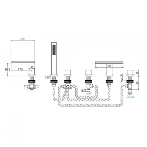 Robinet mitigeur de bain gris avec cascade d'eau et douchette en laiton 5 trous - 6