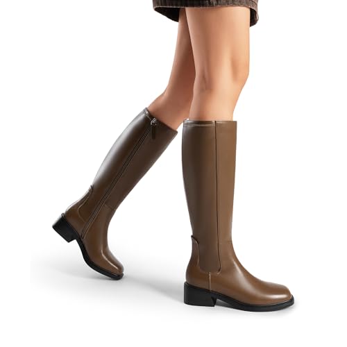 DREAM PAIRS DREAM PAIRS Women's Knee High Boots Square Toe Low Block Heel Casual Comfort Riding Long Boots with Side Zipper,Size 6.5,Khaki,DWUMKB2530