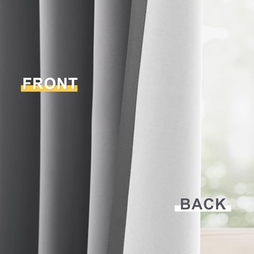 Image of Yakamok Grey 100% Blackout Curtain Panels 96 inches, 50 inch Wide, 2 Panels | Blackout Curtain Panels for Bedroom, 2 Thick Layers Grommet Top Thermal Insulated Drapes with White Back for Living Room