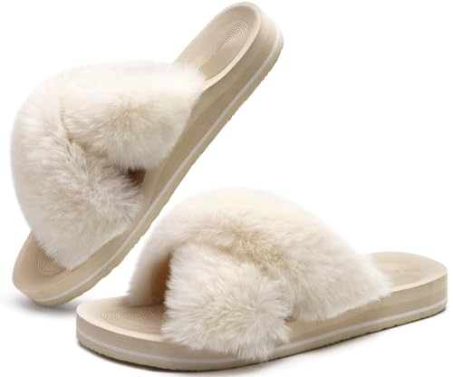 Image of COFACE Womens Fuzzy Slides Fluff Faux Fur Cross Slippers Open Toe Yoga Mat House Slipper Sandals With Arch Support For Indoor /Outdoor