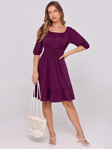 Image of ANRABESS Womens Lantern Short Sleeve Square Neck Casual Flowy Mini Dresses 2026 Holiday Summer Spring Beach Vacation Clothes