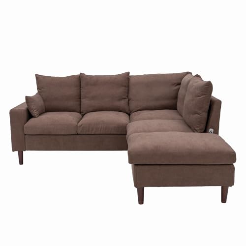 Panana Sectional Sofas, Corner Sofa 2 Seater and 3 Seater Seette Couch Loveseat (Brown Linen Fabric - Track Arm, 5 Seater Corner with Built-in USB Port Chaise)