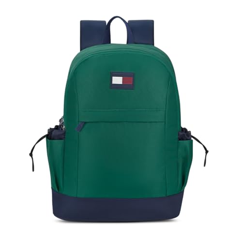 Image of Tommy Hilfiger Professional School Backpack Stud - Ornamental Green+Navy | Durable Water-Resistant Bag for Teens with Signature Metal Logo | 3 Compartments | Integrated Rain Cover | 30L Capacity