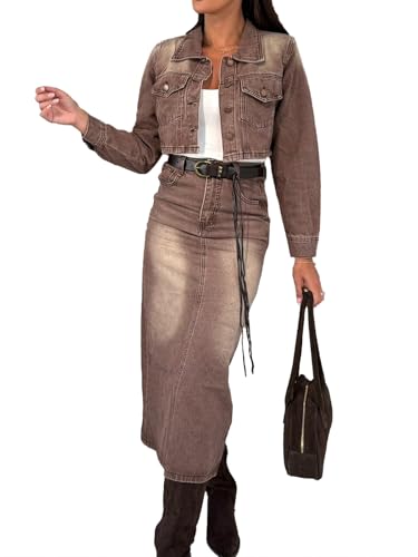 Tinscor Two Piece Denim Skirt Set for Women Long Sleeve