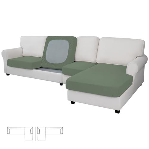 Image of Easy-Going Stretch 4 Pieces Couch Cushion Covers for Sectional Sofa L Shape | 3 Seater + 1 Chaise Lounge Left /Right L Sofa Seat slipcover Anti-Slip Sofa Cover Soft Greyish Green