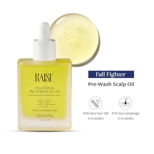 Image of Raise Fall Fighter Pre-Wash Scalp Oil | Infused with Rosemary, Turmeric, Neem & Hemisqualane | 93% Less Hair Fall & 97% Less Breakage | Lightweight, Silicone Free Hair Strengthener | 48ml