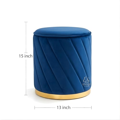 Image of Premium Velvet Ottoman Stool | Modern Round Pouffe with Gold Base | Multipurpose Seating | Living Room & Bedroom Decor (Blue Set of 2)