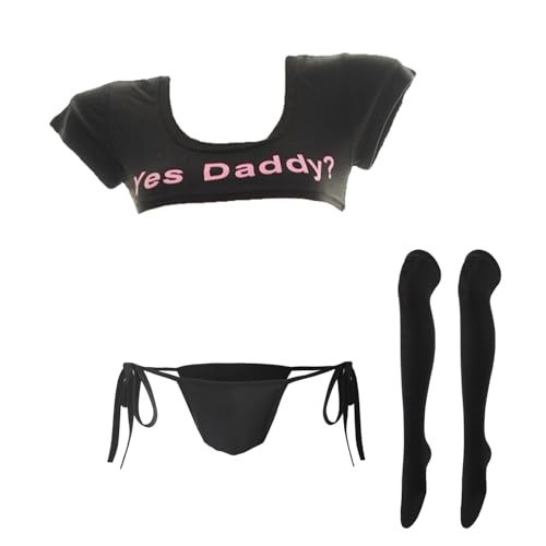 Conjunto de lencería Japonesa Yes Daddy para Mujer, ombliguera y Bragas con Medias, Negro, XS/M