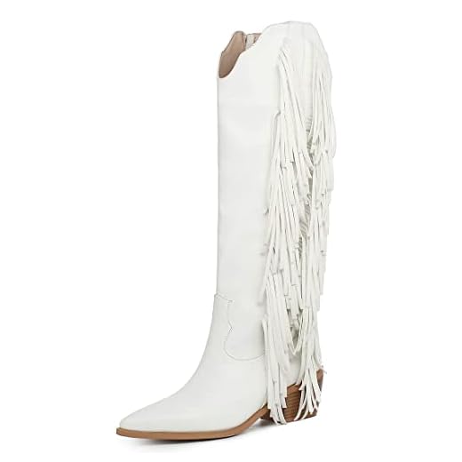 KiutSymo Cowgirl Fringe Boots For Women White Tassels Cowboy Boots Knee High Pointed Toe Western Boots White Size 8