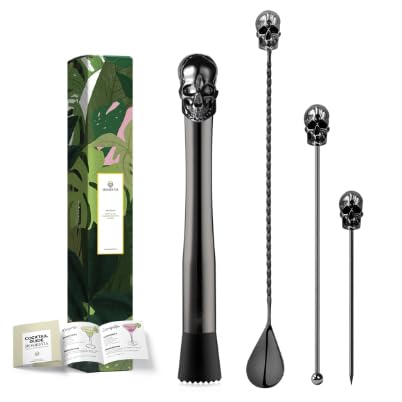 Homestia10" Skull Bar Muddler for Cocktails, Stainless Steel Black Drink Muddler for Home Bar Tool Set, Fruit Crusher Lemon Smasher for Drinks with Nylon Head
