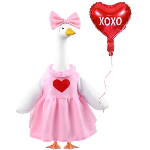 Teeanzo Valentines Day Goose Outfit with Balloon for 23 Porch Goose Holiday Pink Red Heart Cloths Costume Valentines Party Outdoor Garden Patio Yard Lawn Art Decoration