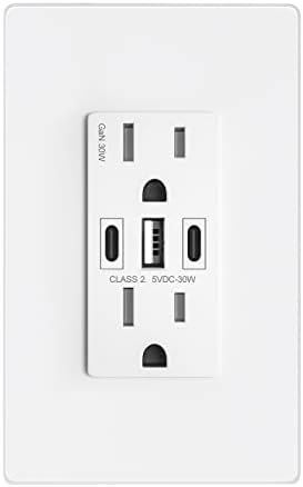 GaN 30W 6Amp 3-Port USB Wall Outlet, 15 Amp Tamper-Resistant Receptacle with 2 USB Type C & 1 Type A Port, USB Charger for iPhone/iPad/Samsung/LG/HTC, UL Listed