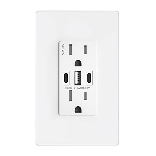 Amerisense Gan 30W 6Amp 3-Port Usb Wall Outlet, 15 Amp Tamper-Resistant Receptacle With 2 Usb Type C & 1 Type A Port, Usb Charger For Iphone/Ipad/Samsung/Lg/Htc, Ul Listed #TOP3