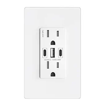 GaN 30W 6Amp 3-Port USB Wall Outlet, 15 Amp Tamper-Resistant Receptacle with 2 USB Type C & 1 Type A Port, USB Charger for iPhone/iPad/Samsung/LG/HTC, UL Listed