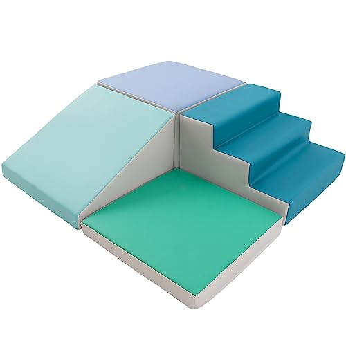 Image of SUN & SUMMER Corner Climbing Toys for Toddlers 1-3, Kids Climb & Crawl Nugget Couch Activity Play Set 4 Pieces Safe Foam Indoor Crawling Gym Equipment Outdoor Toddler Slide, Hook Loop Fasteners(Blue)